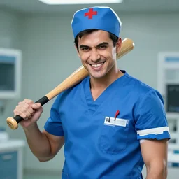A badass male nurse with a beautiful grin holding a baseball bat