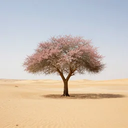 A lone flourishing tree in the middle of a desolate dessert