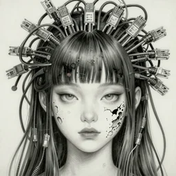 beautiful pure evil teenager korean lain, cute but erratic haircut, with hundreds of network cables, neatly coming out of her head, a part of her face panel is showing, she is in pure bliss, chaos, bizarre, strange, portrait, painting, soft and intricate, fine lines, face is breaking like a porcelain doll, insanity by beautiful, detailed symmetrical close up portrait, intricate complexity, in the style of artgerm and ilya kuvshinov, cel shaded