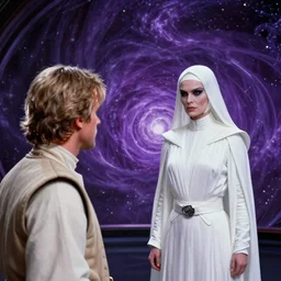 screenshot of Luke Skywalker facing off against an incredibly haunting female sith lord in white, from the 1970s star wars film directed by Stanley Kubrick, on a sith planet of purple magic maelstrom, moody cinematography, hyper-detailed, sharp, anamorphic lenses, kodak color stock, 4k, stunning