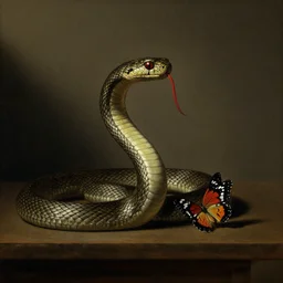 snake hunting butterfly still life, otto marseus van schrieck still life, dutch golden age painting, dramatic lighting, cinematic lighting, willem van aelst still life, oil on canvas, detailed, vanitas baroque painting