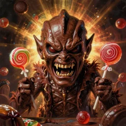 photo of a candy and chocolate creature with a terrifying and threatening face, horror surreal art