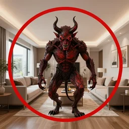a real estate home interior photo. a demon is in the photo and there is a red circle drawn around the demon on the photo.