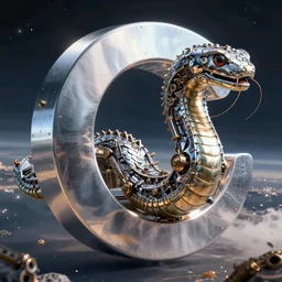silverm chrome, nikel metall mechanical flying giant snake in outer space, steampunk, si - fi, giger, by greg rutkowski