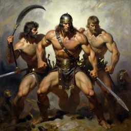 painting of a barbarian muscled warrior in the style of frank frazetta and simon bisley