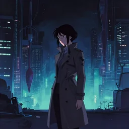 a high definition screenshot from the detective ( noir ) cyberpunk anime film ; a lonely female ( detective ) in a trenchcoat investigates a dreamworld, digital painting by makoto shinkai and martin ansin, surrealism, trending on artstation