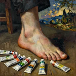 close up of a hairy foot squishing painting tubes. painting by jan van eyck, fellix vallotton, yves tanguy, monet