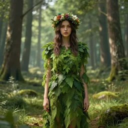 forest person, foliage clothing, flower crown, in an open forest, by Greg Rutkowski, trending on artstation, unreal engine, 4k, digital art