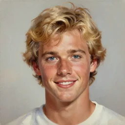 a portrait of a beautiful blonde male from Grease (1978), smiling, Edward Hopper style, clear eyes, illustration, soft lighting, soft details, painting oil on canvas, octane render, HDR, trending on artstation, 4k, 8k, HD