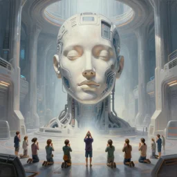 professional painting of tiny people praying to monumental conscious supercomputer with huge - cybernetic - face!!!! in the center of endless colossal room, trending on artstation, cyberpunk, sci - fi, futuristic, by greg rutkowski and maciej kuciara, high quality