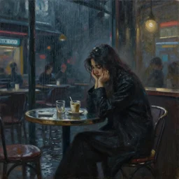 melancholy rainy night in a cyberpunk cafe, oil on canvas
