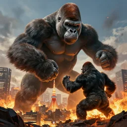 concept art of huge gorilla fight with gorilla on burning tokyo city, cinematic composition, perfect lighting, art station trending