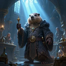 epic professional digital art of male orc marmot wizard in apothecary lab with god light streaming through upper windows, light blue ambient light, painted, magical, mythic, detailed, intricate, leesha hannigan, wayne haag, reyna rochin, ignacio fernandez rios, best on artstation, cgsociety, epic, stunning, gorgeous, much wow, cinematic