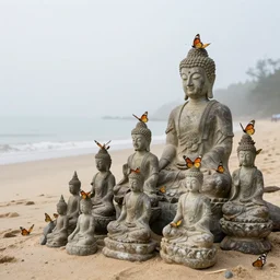 on a misty morning, a group of butterflies perched on a pile of buddha statues on the beach, by craig mullins