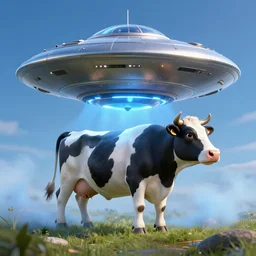 A Large UFO Abducting a Cow, 3D Render, Blue Mist, exquisite details