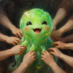 hyper realistic portrait of my happy, smiling, waifu cute innocent green amorphous blob, slimy alien creature with adorable uwu eyes, it has several human arms out stretched to grab me. painted by greg rutkowski, wlop,,