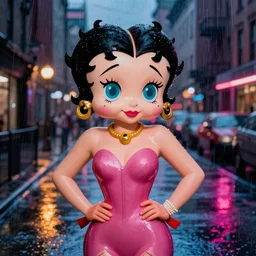 night flash portrait photography of betty boop on the lower east side by annie leibovitz, raining!!! colorful!!, nighttime!,