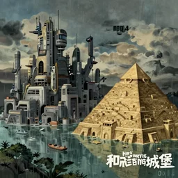a realistic and atmospheric cell - shaded concept art from howl's moving castle ( 2 0 0 4 ) of a futurist sci - fi city and an egyptian pyramid complex in a flooded rainforest. very dull muted colors, hd, 4 k, hq