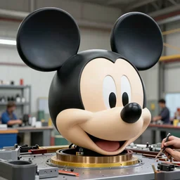 repairing huge mickey mouse head done by constructors / workers / mechanics in some facility, big glowing netflix logo behind, greg rutkowski, beeple, gilleard, alphonse mucha cgsociety, unreal engine, octane render, highly detailed 4 k art, smooth, sharp focus, cinematic lighting, volumetric lighting, artstation,