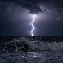 a storm in the sea, dark night, lightning, big waves, dramatic lighting, ivan aivazovski, studio photograph