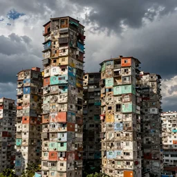 close - up towers made up of colourful squatter housing, bleached colours, dramatic cloudy sky, dystopia, mamiya, very detailed, ultra sharp, photographed by john chiara
