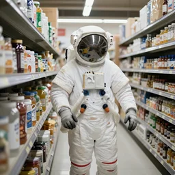 astronaut shopping at a grocery store