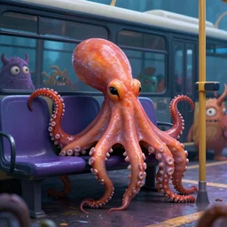 a strange bird octopus chimera creature waiting for the bus with other monsters, in the style of shaun tan sam shearon, glossy, beautiful, dramatic lighting, high contrast, 8 k octane render