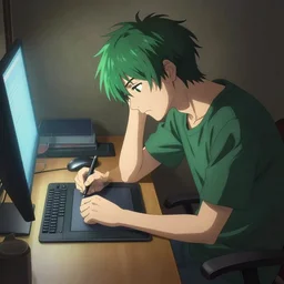 a detailed painting of a ( green - haired - anime - man ) sitting at a desk, tired, staring at the computer and drawing on a wacom tablet, in a hd screenshot from the anime film, in directed by makoto shinkai, dramatic lighting and composition, trending on artstation, concept art