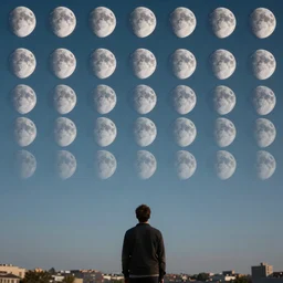 the sky is crowded with many multiple identical moons. a thousand identical moons in the sky. focus on the sky. man looking at the identical moons in the city sky. a lot of identical moons moons moons moons! moon grid. fantasy art by noah bradley, patrick woodroffe, chris rahn. extremely high details, realistic, masterpiece, artstation contest winner