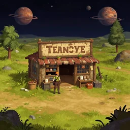 in front of a general store ] ] ] ] in a remote outpost, on an alien planet, from a space themed point and click 2 d graphic adventure game, set design slightly inspired by tomb raider, art inspired by thomas kinkade and mark keathley and tyler edlin