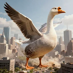 giant goose destroying a city, mega details, hyper realistic,