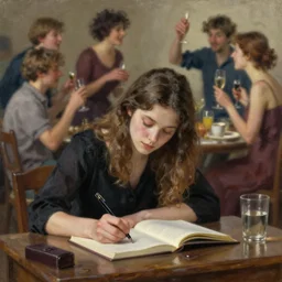 a beautiful 8 k photorealistic masterpiece oil painting, lonely woman writing while other people having fun on the background, hyperrealism, 1 6 k, trending on artstation