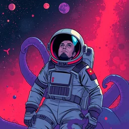russian cosmonaut in space, surrounded by purple tentacles, red nebula in the background, pixiv fanbox, dramatic lighting, maximalist pastel color palette, splatter paint, pixar and disney concept, graphic novel by fiona staples and dustin nguyen, peter elson alan bean wangechi mutu, clean cel shaded vector art, on artstation