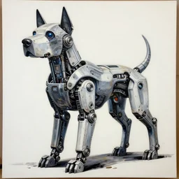 “a giant mechanical dog robot, oil dotwork on canvas by James Jean”