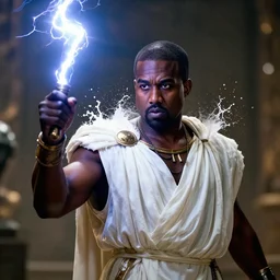kanye west as zeus, god of thunder, greek god, white robe, thunderbolt, in mortal kombat, gears of war, mythology, fantasy, detailed face, splash art, movie still, cinematic lighting, dramatic, octane render, long lens, shallow depth of field, bokeh, anamorphic lens flare, 8 k, hyper detailed, 3 5 mm film grain