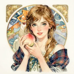 a watercolor portrait illustration by sui ishida and alphons mucha of a bishoujo as emma watson holding peach, highly detailed anime eyes wearing wearing mixed plaid fashion by issey miyake and balenciaga 8 k