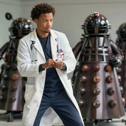 a photo of 8k  Ncuti Gatwa as the doctor fighting daleks, cinematic lighting, trending on artstation, 4k, hyperrealistic, focused, extreme details, unreal engine 5, cinematic, masterpiece