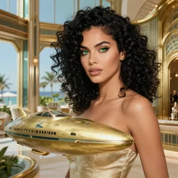 a seductive green eyed woman with curly black hair in the bar on the atlantis paradise, a retro futuristic spaceship made of brass, art deco influence, hotel style design. clean cel shaded vector art. shutterstock. behance hd by lois van baarle, artgerm, helen huang, by makoto shinkai and ilya kuvshinov, rossdraws, illustration