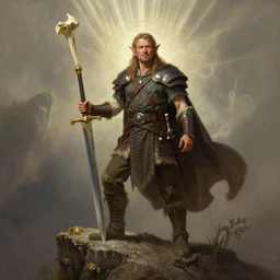 an ultradetailed portrait of robin williams dressed as an elf barbarian, standing heroically on top of a cliff, d & d, fantasy, intricate, elegant, highly detailed, digital painting, matte, sharp focus, illustration, giant bone cleaving sword, god rays, art by john collier and albert aublet and krenz cushart and artem demura and alphonse mucha