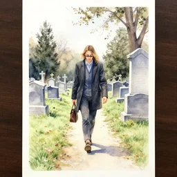 water color on paper, walk in the cemetery, highly detailed, artstation, masterpiece, award - winning,