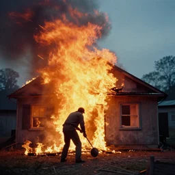 a man setting fire to a house, by weta digital, by wlop, bokeh, color grading, filmic, dslr, velvia, vintage, spectral color, fire, burn, inferno, post - production, in a symbolic and meaningful style, insanely detailed and intricate, hypermaximalist, elegant, ornate, hyper realistic, super detailed