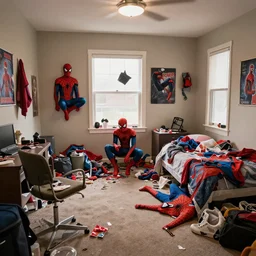 room of spiderman fans, is mess, bedroom, chair, teenager room, wide shot