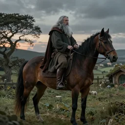 Gandalf riding a horse at Hobbiton in the evening, detailed matte painting, cinematic, Alan Lee, Artstation