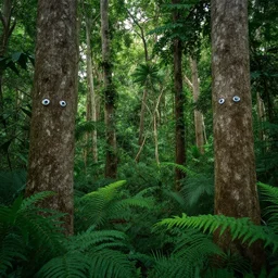 a dense jungle, trees have cute eyes looking into the camera