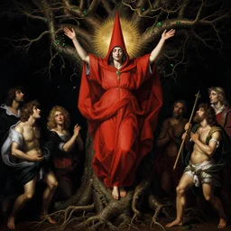 ascension of the scarlet woman by caravaggio adolf wolfli beksinski jan van eyck giger, fantasy, roots vines tree, ecstatic visions, black void, religious ritual, epiphany ascension, red robe, conical red hood, gold emerald