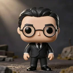 asian male with rounded glasses, black suit and tie, funko pop