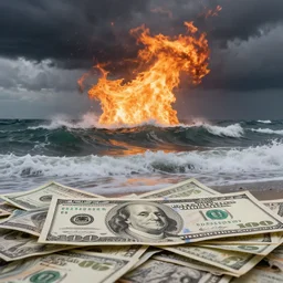dollar in the sea of burning oll, general view, waves, storm, dramatic sky
