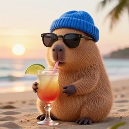 a photorealistic photograph of a knitted cute Capybara dressed in sunglasses and a blue beanie cap. The subject is sipping a refreshing Mai Tai drink cocktail at the beach during sunset. The image is Trending on Artstation, featured on Behance, well-rendered, extra crisp image, intricate detail, Unreal Engine, 4K HD