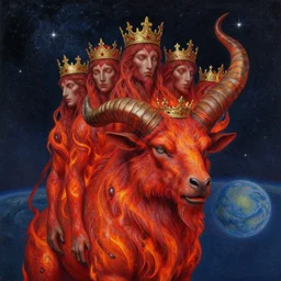 diadems, crowns, on a ten horned beast with seven heads, fiery red, detailed, intricate, matte painting by Les Edwards, Jim Burns and Michael Whelan, in background starry night sky and distant earth, milky way