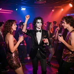 young people in a fancy nightclub dancing and drinking, partylights, great colors, in the style of charles addams, trending on artstation